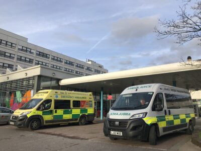 Ambulances outside hospital entrance