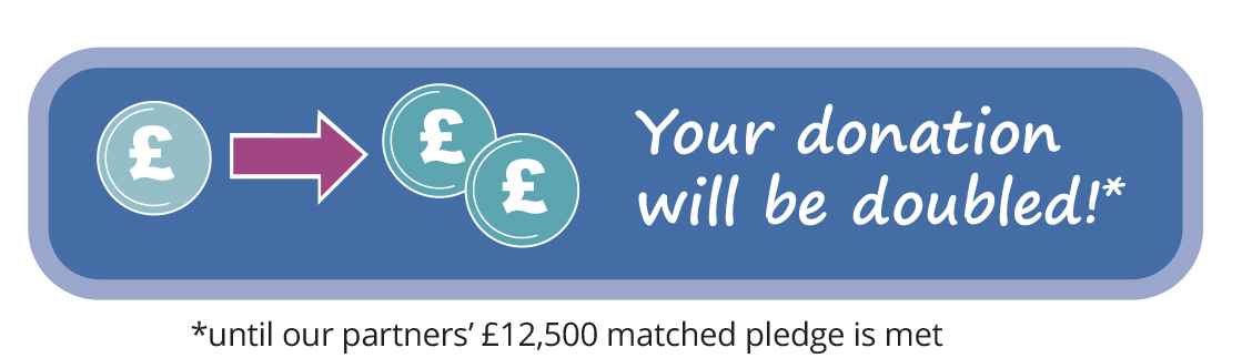 Graphic showing pound coins and the text: “Your donation will be doubled,” with a note that matching applies until £12,500 is reached.