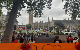 A protest against child detention in front of the Houses of Parliament.